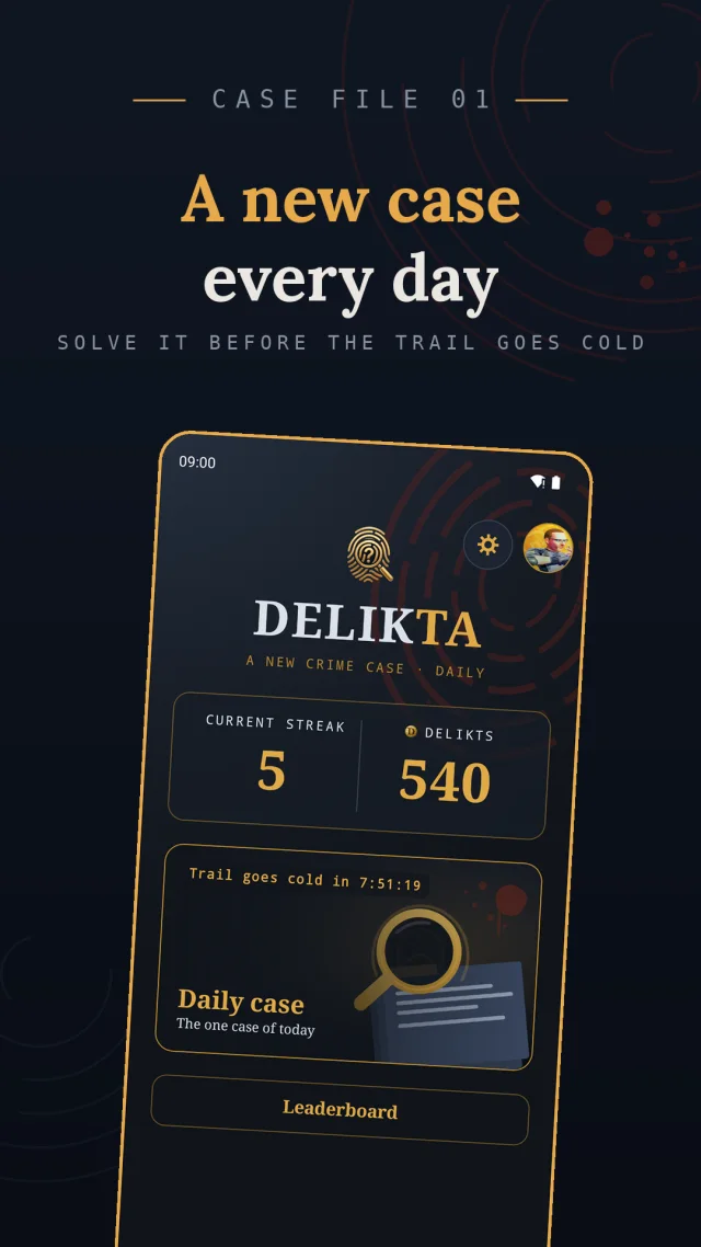 Delikta home screen with the daily case and streak counter