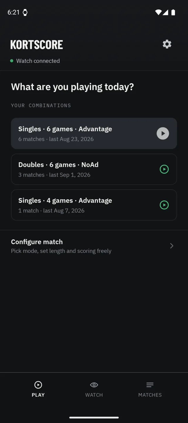Kortscore home screen with saved match combinations