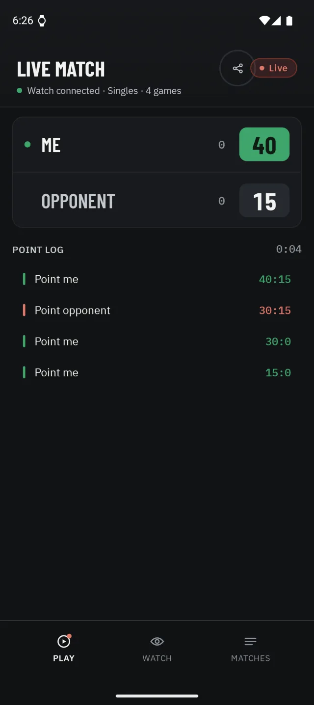 Live match on the phone while the watch keeps score